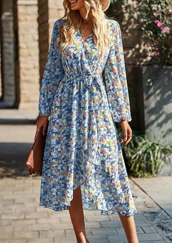 PRETTYGARDEN Women's Floral Boho Dress Fall Long Sleeve Wrap V Neck Ruffle Flowy Maxi Spring Wedding Guest Vacation Dresses (Floral Blue,XX-Large) - Image 3