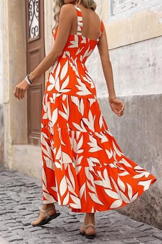 PRETTYGARDEN Women's Summer Floral Maxi Dress Sleeveless Smocked Ruffle Long Flowy Beach Vacation Boho Sundresses (Floral Orange Beige,Small) - Image 2