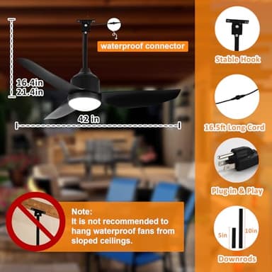 Depuley Outdoor Ceiling Fan with Light: 42 Inch Black Waterproof Gazebo Fans with Lights Outdoor Hanging - Plug in Remote App Control for Patios Indoor Farmhouse Porch - 6 Speed Reversible DC Motor - Image 7