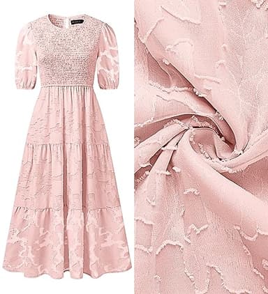 ZESICA Women's 2025 Summer Short Puff Sleeve Crewneck Smocked Floral Lace Flowy A Line Tiered Maxi Dresses,Pink,Large - Image 7