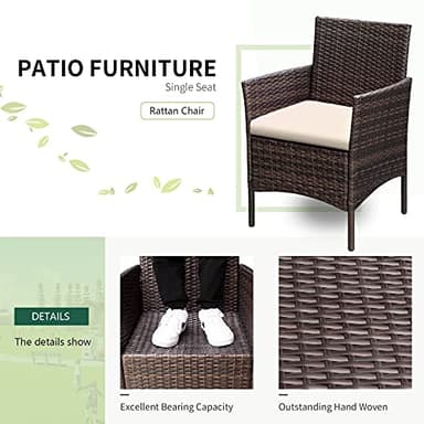Greesum 3 Pieces Patio Furniture Sets Outdoor PE Rattan Wicker Chairs with Soft Cushion and Glass Coffee Table for Garden Backyard Porch Poolside, Brown and Beige - Image 4