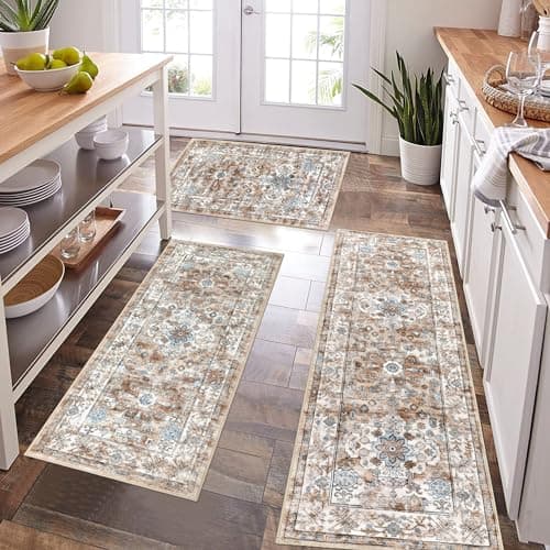 Pauwer Kitchen Rugs Sets of 3 Non Slip Washable Kitchen Mats for Floor Farmhouse Kitchen Floor Mat Runner Rug Boho Kitchen Sink Rug Carpet for Kitchen Hallway Laundry Room, Vintage Cream Tan - Image 1