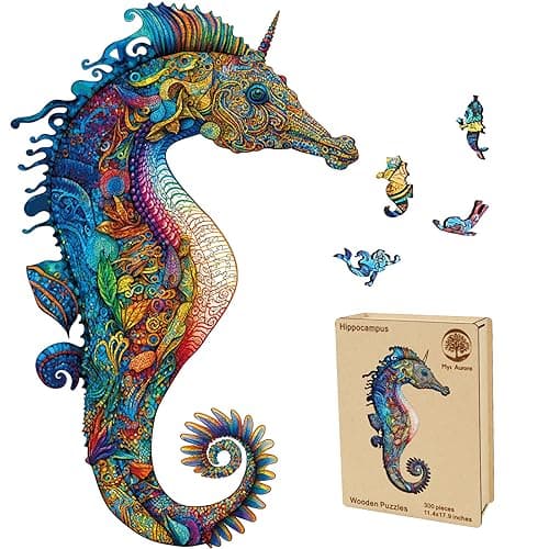Mys Aurora Unique Wooden Jigsaw Puzzles - Unicorn Seahorse, 300 Pcs King Size 11.4" x 17.9", Animal Shaped Wood Puzzle, Beautiful Package, Best Gift for Adults and Kids, Family Game - Image 1