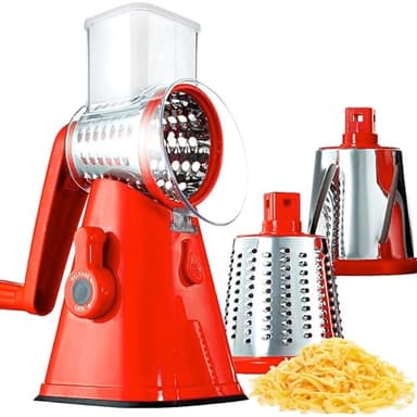 Rotary Cheese Grater with Handle, Cheese Grater Hand Crank, Fast Cutting Grater for Kitchen with 3 Interchangeable Blades, Vegetable Slicer, Cheese Shredder with Suction Cup Base, Dishwasher Safe - Image 1