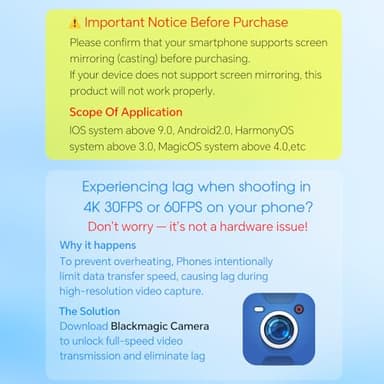 Vlog Selfie Monitor Screen iPhone, 4K 60fps Recording, Wireless Screen Mirroring with Remote Control, Magnetic Fixation, 180° Rotation, 3 Levels of Brightness, Compatible with iPhone & Android - Image 9