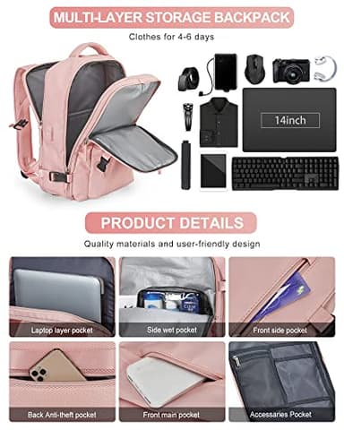VGCUB Large Travel Backpack Bag for Women Men,Carry on Backpack,17 Inch Laptop Business Work Waterproof Backpack with Laptop Compartment,Person Item Flight Approved,Mochila de Viaje,Pink - Image 5