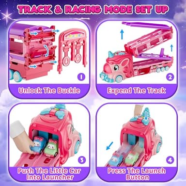 Funwee Unicorn Car Toys for 2 3 4 5 6 7 Year Old Toddler Girls,Princess Carrier Truck with Sound & Lights,2 Player Race Mode Foldable Track Pink Car Toys,Birthday Gift Idea for Kids - Image 4