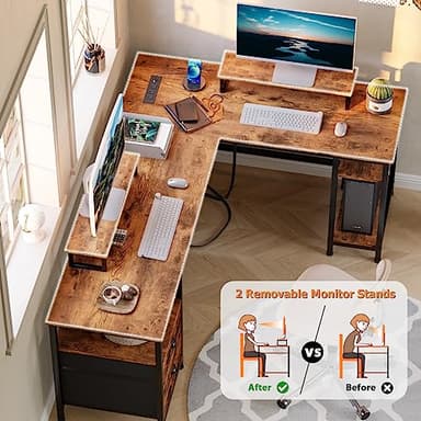 Furologee 66” L Shaped Desk with Power Outlet, Reversible Computer Gaming Desk with File Drawer & 2 Monitor Stands for Home Office with Storage Shelves, Rustic Brown - Image 4