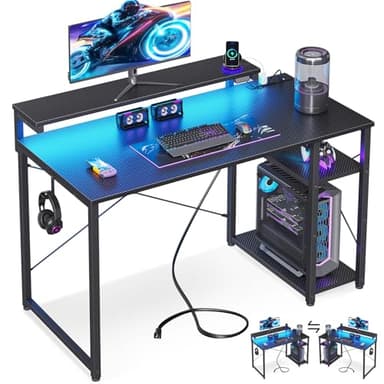 MOTPK 40 Inch Small Gaming Desk with Storage & Led Lights, Computer Desk with Power Outlet & Shelf, Reversible Gamer Desk with Adjustable Monitor Stand, Carbon Fiber Texture Black - Image 1