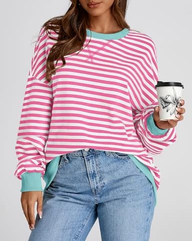 BTFBM Womens Oversized Striped Sweatshirt Crewneck Long Sleeve Pullover Top Casual Y2K Fall Clothes 2025 Workout Shirt(Pink White, X-Large) - Image 6