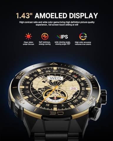 Smart Watch for Men Answer/Make Call for Android iPhone, 1.43" AMOLED HD Screen Mens Luxury Watch, 400mAh Heavy Duty Smartwatch Heart Rate Blood Oxygen Blood Pressure Sleep Monitor Pedometer, 2 Straps - Image 4