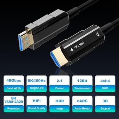 RUBMUD Fiber Optic HDMI Cable 50ft, 8K Long HDMI 2.1 Cable, Ultra High Speed Fiber HDMI Cord, 48Gbps, 8K@60Hz 4K@120Hz, Dynamic HDR, eARC, HDCP 2.2&2.3, 3D, for HDTV Monitor Game Laptop Xbox PS4/PS5 - Image 2