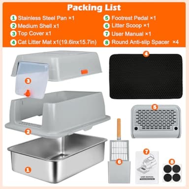 SZEE XL Stainless Steel Litter Box, Top Exit Design, Non Stick, No Smell, Easy Cleaning, Activated Charcoal Odor Control Design, Half/Fully Enclosed Design, Footboard, Trapping Mat & Scoop Included - Image 6