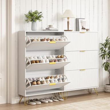 NOVAMAISON Slim Shoe Cabinet with 3 Flip Drawers, Fluted Shoe Cabinet Storage for Entryway, Narrow Shoe Storage Cabinet, Modern Freestanding Shoe Rack Organizer for Entryway, White - Image 7