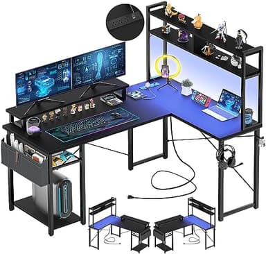 Aheaplus Small L Shaped Gaming Desk with LED Lights & Power Outlets, Reversible L-Shaped Computer Desk with Monitor Stand & Storage Shelf, Corner Desks Home Office Desk with Storage Bag, Black - Image 1