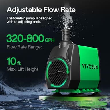 VIVOSUN 800GPH Submersible Pump(3000L/H, 24W), Ultra Quiet Water Fountain Pump with 10ft. High Lift with 6.5ft. Power Cord, 3 Nozzles for Fish Tank, Pond, Aquarium, Statuary, Hydroponics Green - Image 2