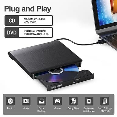 ORIGBELIE External CD/DVD Drive for Laptop, USB 3.0 CD Burner +/-RW CD ROM External DVD Drive Portable DVD Player for Laptop Desktop PC Apple Mac Windows 11/10/8/7/XP Linux OS - Image 2