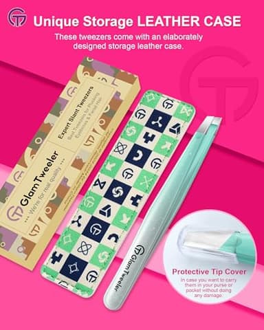 Expert Slant Tip Tweezers with Leather Case, GlamTweeler Sharp & Precision Stainless Steel Tweezer for Eyebrows, Facial Hair and Fine Hairs Removal (Sparkle Mint Green & Silver) - Image 6