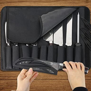 Dfito Chef Knife Sets with Roll Bag, 9 Pieces Professional Knife Set, High Carbon Stainless Steel Kitchen Chef Knife Set, Red Pakkawood Handle, Dishwasher Safe - Image 3