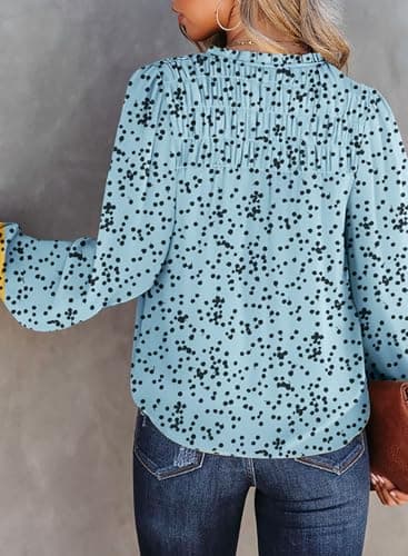 Dokotoo Womens Oversized Cute Tops for Women 2025 Trendy Casual Summer Fall Clothes Smocked Long Sleeve Shirts V Neck Blouses Alicia Floral Flowy Print Work Business Top Sky Blue XX-Large - Image 3