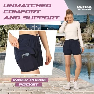 Ultra Performance Gym Shorts Women Pack of 2, Nylon Compression Workout Shorts Women with Liner, Medium Black, Navy - Image 3