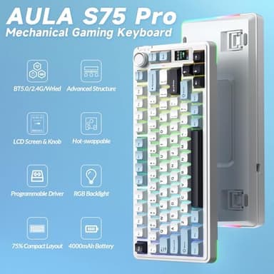 AULA S75 PRO Wireless Mechanical Keyboard with Screen&Knob, 75% Hot Swappable Gaming Keyboard with Pre-lubed Switches, RGB Backlit, PBT Keycaps Creamy Sounding Pc Gaming Keyboards - Image 4