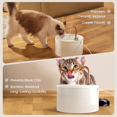 MISFANS Ceramic Cat Water Fountain - 2.1L/71oz - All-Ceramic Body & Pure Copper Water Spout - Non-Toxic - Automatic Pet Drinking Fountain Indoor with Ultra-Quiet Pump, and 3Pcs Filter & Sponge (White) - Image 4