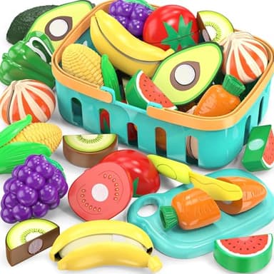 Cutting Play Food Toys For Kids, Pretend Play Kitchen Accessories, Fake Fruits/Vegetables Set With Shopping Storage Basket, Plastic Board And Knife, Birthday Gifts/Educational Toy For Toddler Children - Image 1