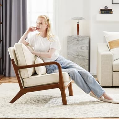 Sweetcrispy Accent Mid Century Modern Chair with Pillow, Upholstered Lounge Armchair, Linen Fabric Comfy Reading Chair with Wood Frame for Living Room, Bedroom, 1 Set, Beige - Image 2