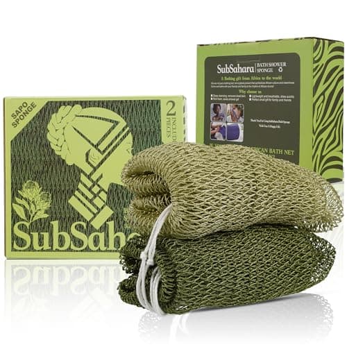 SubSahara Authentic African Net Sponge - 2 Pieces Exfoliating Scrubber for All Skin Types, Bath Sponge for Face & Body, Travel Portable, Durable, Gentle Exfoliation (Olive Green & Light Green) - Image 1
