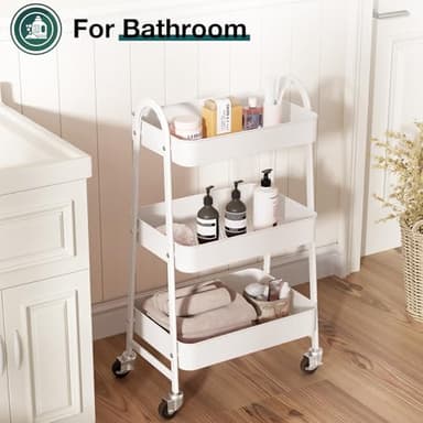 SMUG 3 Tier Rolling Cart - Metal Utility Carts on Lockable Caster Wheels, Mobile Storage Shelves Organizer for Livingroom, Bathroom, Kitchen, Bedroom & Narrow Places, White - Image 5