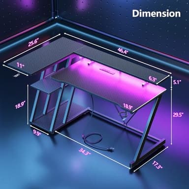 47 Inch Gaming Desk with Power Outlet & LED Lights, Corner Computer Desk with 3 Tiers Storage Shelves, Home Office Desk with Monitor Stand for Small Space, Carbon Fiber Black - Image 2