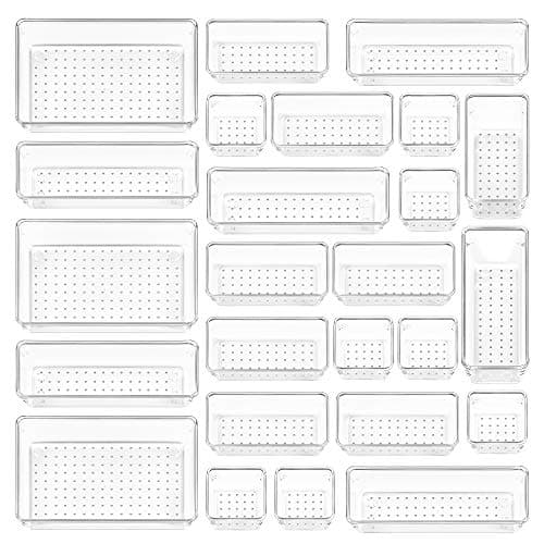 Vtopmart 25 PCS Clear Plastic Drawer Organizers Set, 4-Size Versatile Bathroom and Vanity Drawer Organizer Trays, Storage Bins for Makeup, Bedroom, Kitchen Gadgets Utensils and Office - Image 1