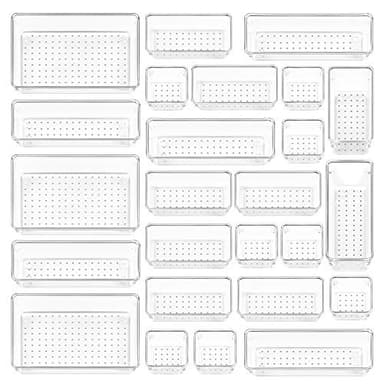 Vtopmart 25 PCS Clear Plastic Drawer Organizers Set, 4-Size Versatile Bathroom and Vanity Drawer Organizer Trays, Storage Bins for Makeup, Bedroom, Kitchen Gadgets Utensils and Office - Image 1