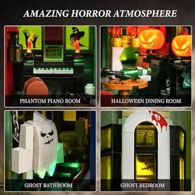 iATOM Haunted House Building Set with Lights, Halloween Mansion Building Toy Compatible with Lego for Adults, Horror Village Town Architecture Include Pumpkin Skeleton Spooky Bat Cat, F-C9987 - Image 3