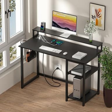 GreenForest 40 inch Computer Desk with Power Outlets, Small Home Office Desk with Ergonomic Monitor Stand, Reversible Gaming Desk, Modern Study Desk, Laptop Desk, Black - Image 2