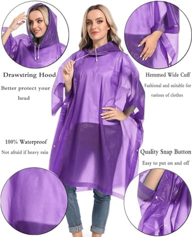 HOOMBOOM Reusable Rain Ponchos with Drawstring Hood for Adults, Waterproof Thicken Rain Coat, 2 Packs - Image 3