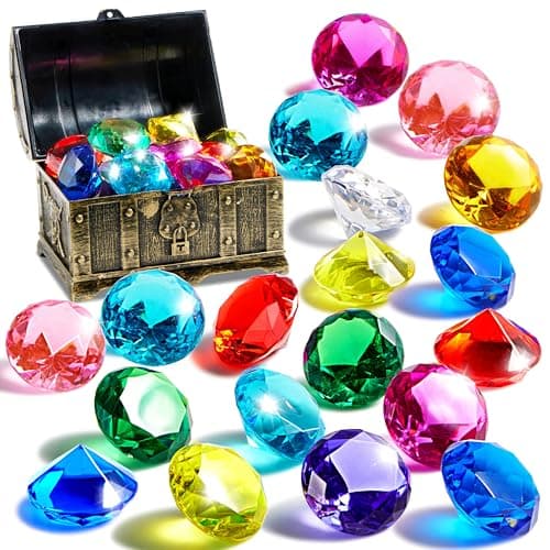 Sloosh Diving Gems Pool Toys, 16 Big Colorful Diamond with Pirate Treasure Chest,Swim Dive Toy for Kids Underwater Gemstone Swimming Training Gift Water Pool Games(Gold) - Image 1