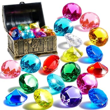 Sloosh Diving Gems Pool Toys, 16 Big Colorful Diamond with Pirate Treasure Chest,Swim Dive Toy for Kids Underwater Gemstone Swimming Training Gift Water Pool Games(Gold) - Image 1