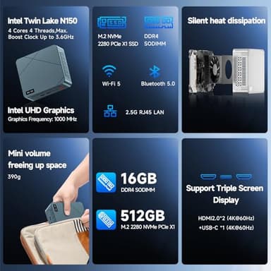 wo-we H5 Mini PC Intel Twin Lake N150 16GB RAM 512GB M.2 PCLe SSD 4C/4T 4K Triple Display Dual HDMI&Type-C,USB3.2 x4 Mini Desktop Computer for Home Office Business Gaming - Image 2