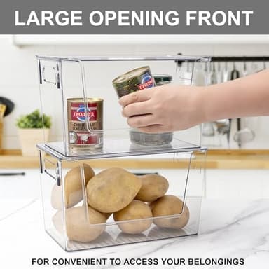 4 Pack Large Stackable Storage Bins, Plastic Container Organizer with Open Front, Pantry Organizers and Storage for Potato, Onion, Fruit and Vegetable, Clear Kitchen Laundry Organizer with Lid - Image 3