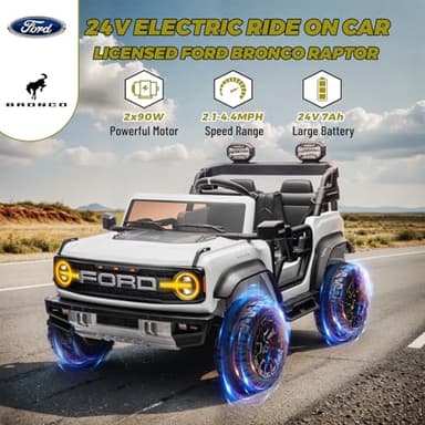 ENYOPRO 24V Ride On Toys for Big Kids, Licensed Ford Bronco Raptor 2-Seater Electric Car w/Remote Control, 21" Spacious Seat, 2x90W Powerful Motor, Spring Suspension, Bluetooth Music, 3 Speed - White - Image 2