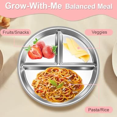 Bella's Friends Stainless Steel Baby Plates with Suction 3 Pack, 9” Divided Toddler Plates with Removable Silicone Sleeves for Mess-Free Feeding, Non-Toxic, Non-Slip, Dishwasher Safe, Gray,Green,Pink - Image 6