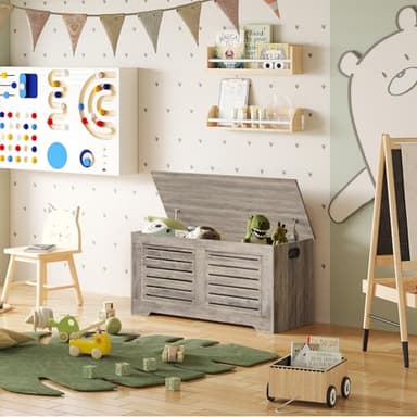 DINZI LVJ Storage Chest, 39.4”Wooden Toy Box with 2 Safety Hinges, Retro Entryway Shoe Storage Bench with Flip-Top, Sturdy Large Storage Trunk for Living Room, Bedroom, Easy Assembly, Greige - Image 6