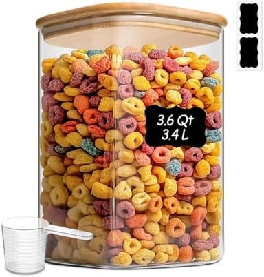 ComSaf 3.6Qt Glass Food Storage Containers, Cereal Storage Containers with Airtight Lids, Large Square Glass Jars with Bamboo Lids, for Rice, Pasta, Oats, Grains, Coffee Beans - Image 2