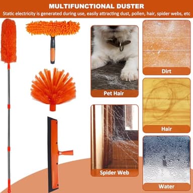 20+ Feet High Reach Duster Kit with 3-14 ft Extension Pole High Ceiling Dusting and Window Cleaning Kit with Spliceable Pole - Window Washer & Squeegee, Cobweb Duster, Fan Blade and Feather Dusters - Image 7