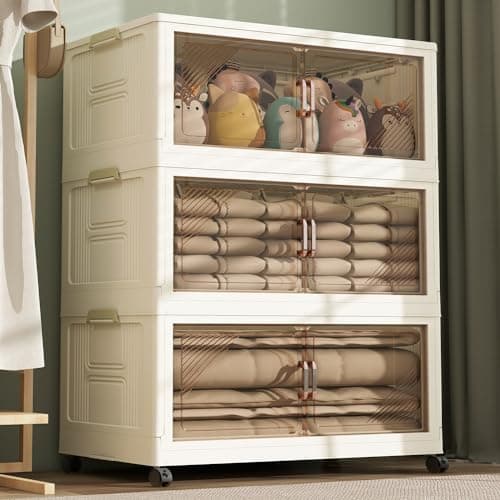 3Packs Stackable Storage Bins with Lid, 36 Gal Closet Organizer and Storaging Drawer, Collapsible Storage Box with Wheels, Plastic Clothes Storage Cabinet Containers for Home, Office, Dorm - Image 1