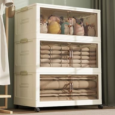 3Packs Stackable Storage Bins with Lid, 36 Gal Closet Organizer and Storaging Drawer, Collapsible Storage Box with Wheels, Plastic Clothes Storage Cabinet Containers for Home, Office, Dorm - Image 1