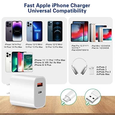 Fast Charger iPhone, Dual Port A/C Charging Adapter, 2Pack Quick Double Wall Charger Block, Apple Charger Block 10FT USBC to Lightning Cable for iPhone 14/13/12/11/ProMax/XS/XR - Image 3