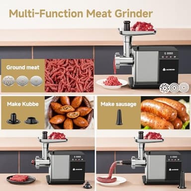 AAOBOSI Meat Grinder Electric 3000W Max with Touch Color Screen, Auto-Reverse & Built-in Storage - 3 Speed Settings,Grinding, Sausage & Kibbe Making for Home Use, Stainless Steel - Image 5